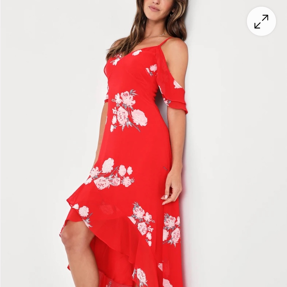 Lulu's Vibrant Red Floral High Low Dress